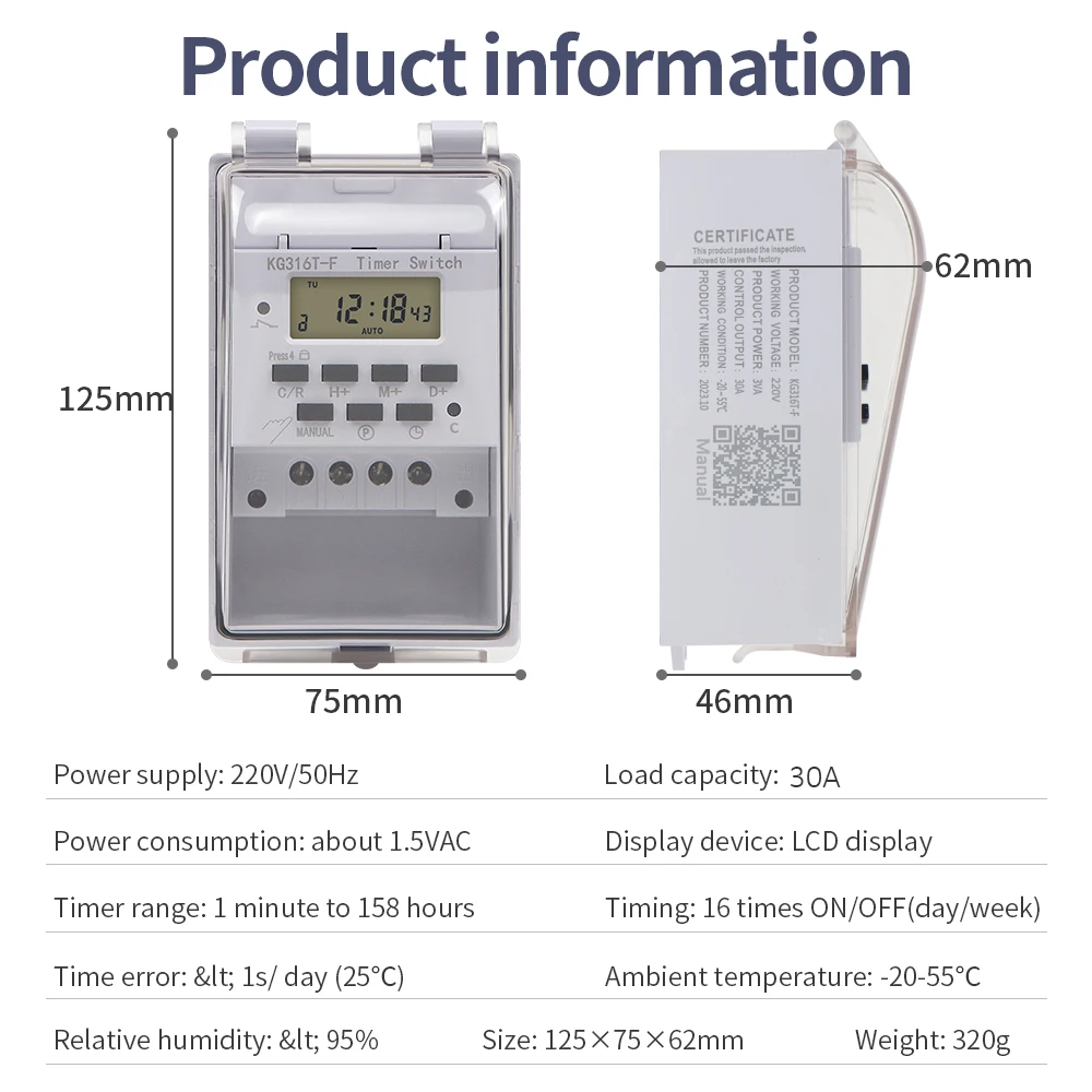 220V AC 30A Time Recycle Per Day ON OFF Digital Timer Switch Programmable Timer Controllor with IP65 Waterproof Box