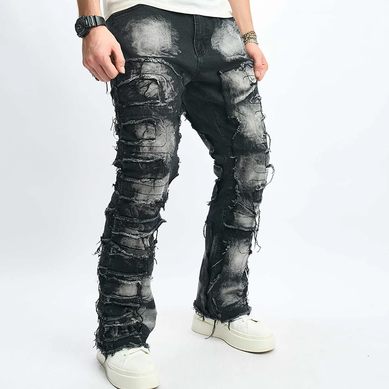 Men Vintage Denim Pants Raw Trim Distressed Straight Leg Pants Casual Trousers with Pockets for Streetwear