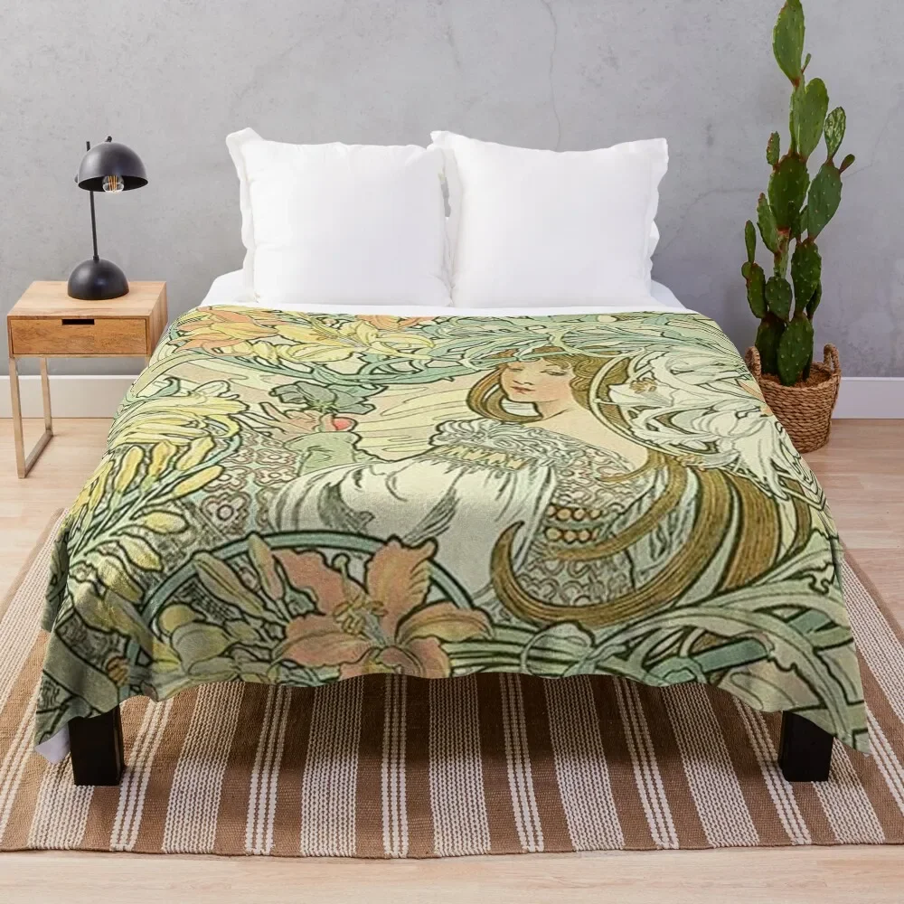 

Language of Flowers -Alphonse Mucha Throw Blanket Moving Bed Decorative Throw Summer Blankets