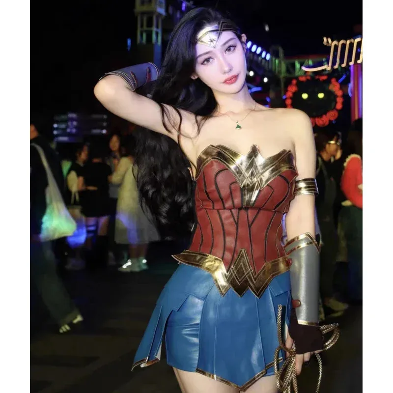 

Animal Wonder Cos Woman Dress Diana Cosplay Adult Brown Top Faux Leather Corset Shorts Uniform Carnival Party Cloths