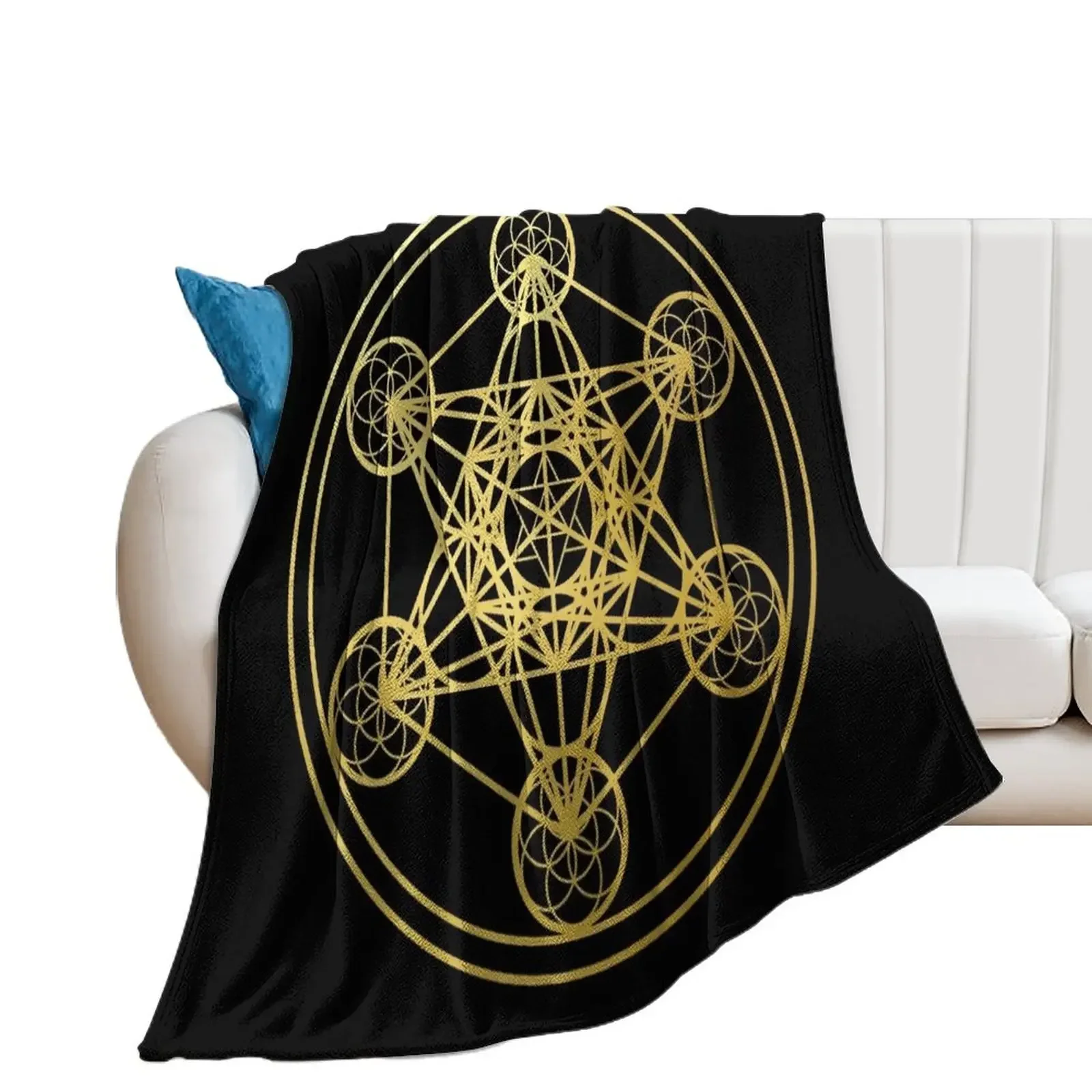 Metatrons Cube gold sacred geometry mandala esoteric symbol Kabbalah Throw Blanket Retros Plaid on the sofa Blankets