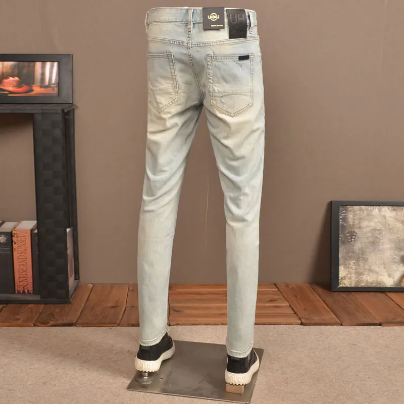 Streetwear Fashion Designer Men Jeans Retro Washed Light Blue Stretch Slim Fit Ripped Jeans Men Vintage Denim Pants Hombre