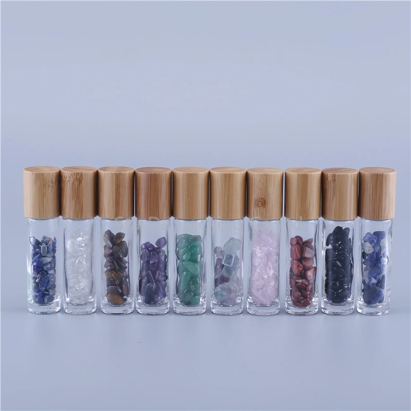 480 unids/lote, botellas roll-on de vidrio de masaje esencial transparente recargables de 10ml con bolas de rodillo de Jade de colores, grava en el interior