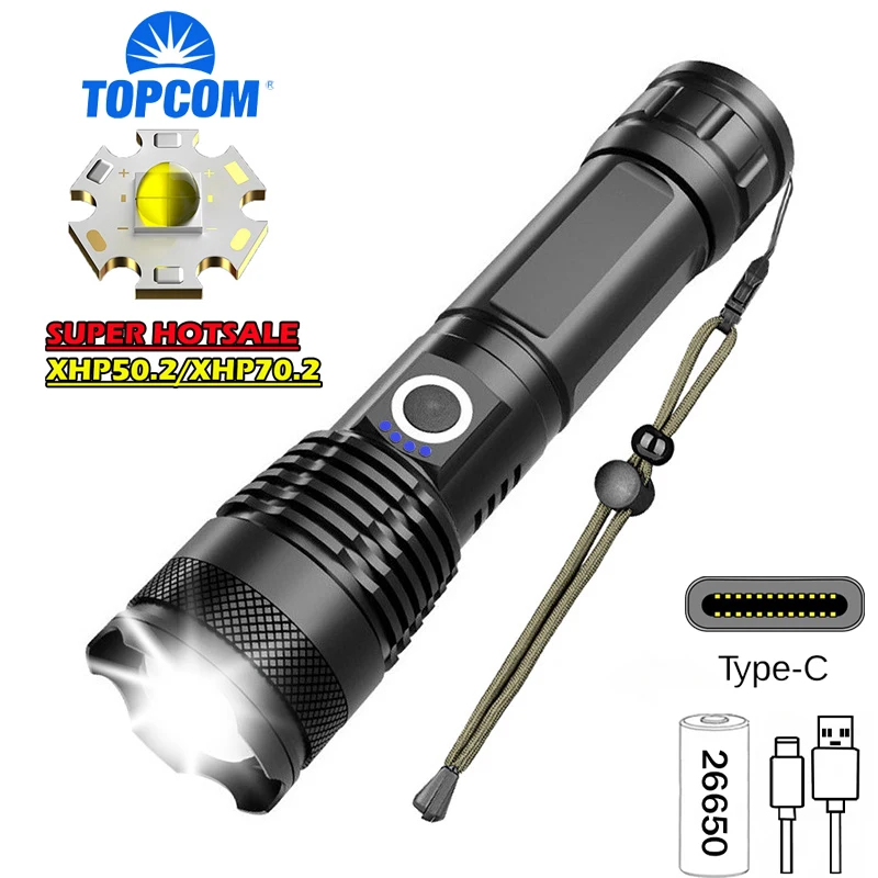 Hochleistungs-wiederaufladbare Taschenlampe USB-C, ultrahelles Schießen mit großer Reichweite, große einziehbare Taschenlampe für den Außenbereich mit 3000-a-Mh-Akku