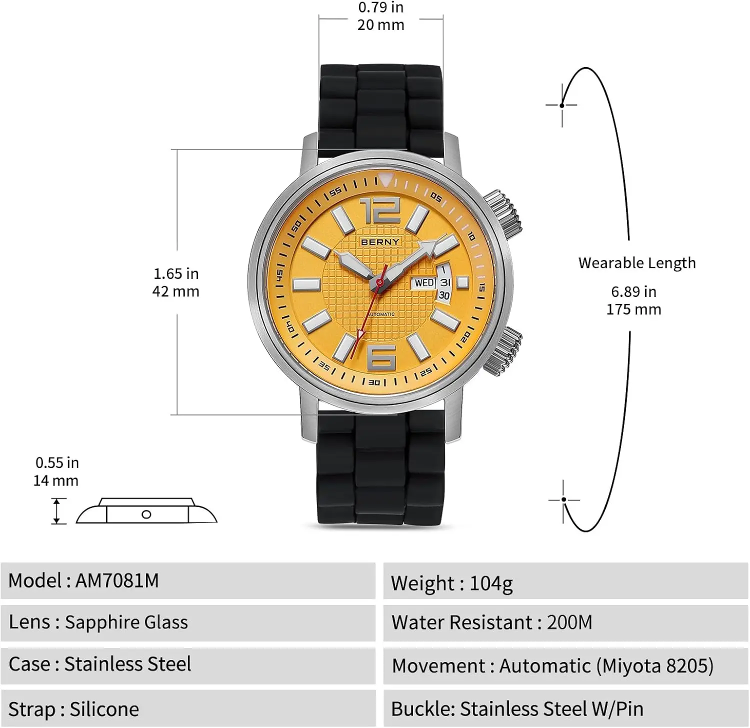 Relógio de mergulho mecânico automático para homens com corda automática, à prova d'água 20ATM, vidro safira, pulseira de silicone super luminosa