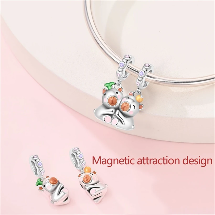 925 Silver Capybara Cat and Dog Pair Beads Cat Hug Pendant Charms Fit Pandach 925 Original Bracelet Fine DIY Jewelry