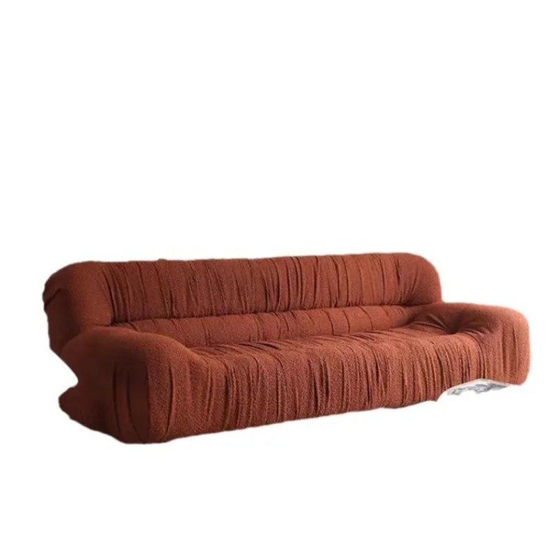 

French light luxury cream fabric sofa, living room pleated double triple straight row sofa