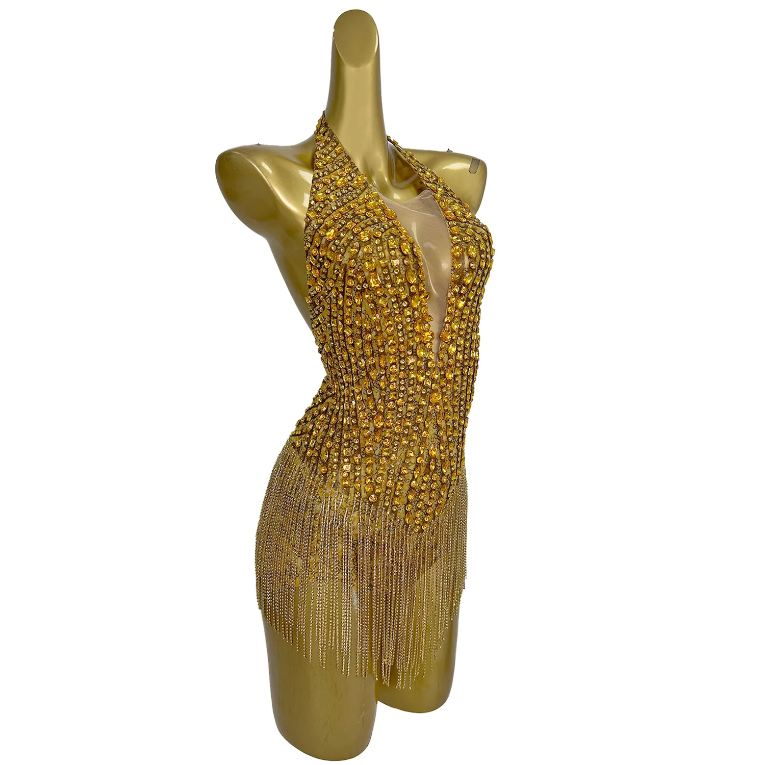 Sexy Gold Rhinestone Tassel One Piece Short Jumpsuit Women Aerial Dance Leotard Stripper Dancewear Showgirl Gogo Dancer Costume