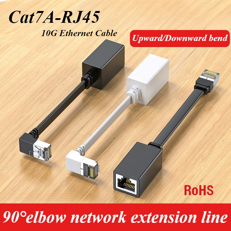 RJ45 Network Extension Line Cat7 of 90°Elbow Straight-headed Cable RJ45 Male to Female Flat Head Cat6A Adapter With15-50cm Wire