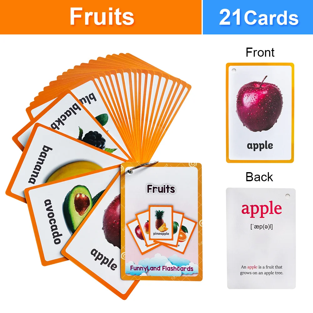 21Pcs Fruit Theme English Flashcards Homeschool Supplies Double Side Vocabulary Educational Learning Cards Cognitive Card