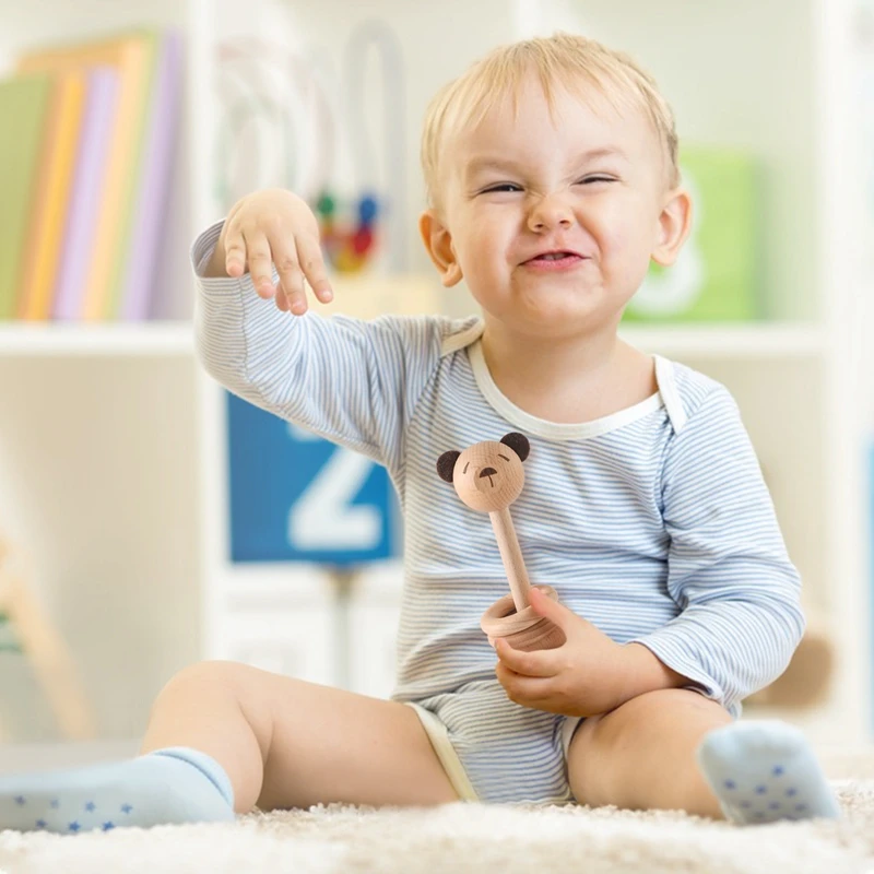 Chocalhos de madeira de faia para bebê, música sinos, brinquedos recém-nascidos, Montessori Educacional, blocos de chocalho móveis, 1pc