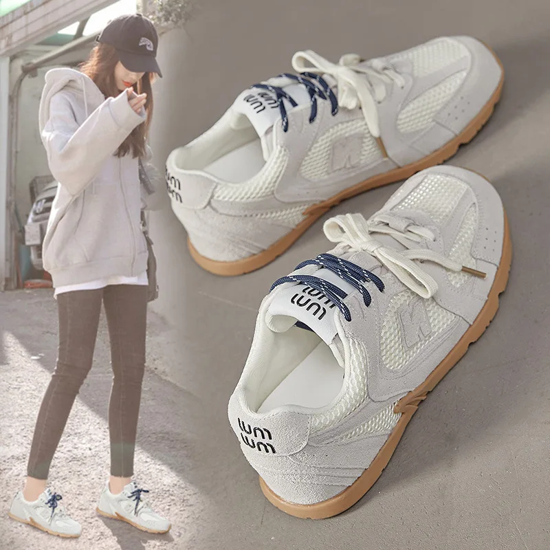 Beige Retro Casual Sneakers For Women Suede Upper With Double Green And Brown Laces Round Toe Comfortable Flat Sole Versatile - view 3