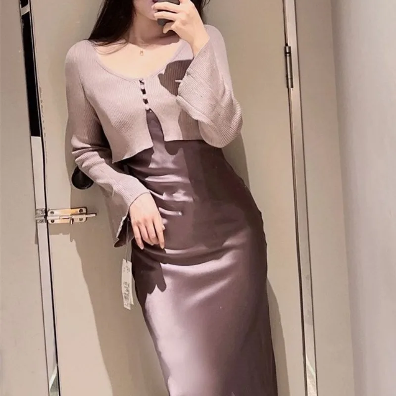 Sexy Satin Strap Ärmelloses Kleid + einreiher Pullover Strickjacke Backless Elegante Dünne Zwei-stück Set Japanische Herbst Frauen