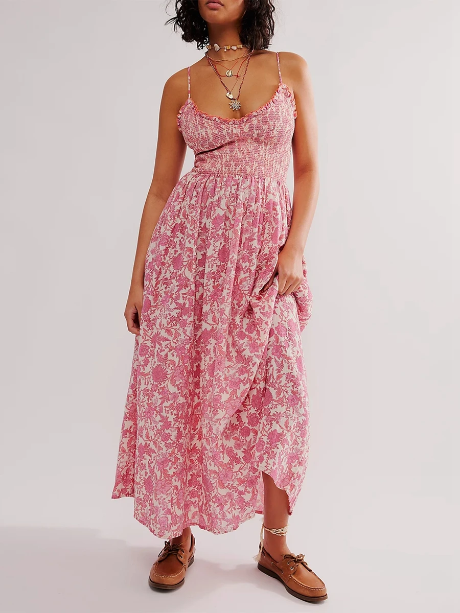 Vestido boêmio feminino longo de verão, cinta de espaguete, balanço floral sem costas, vestidos para coquetel, férias na praia, vestido feminino