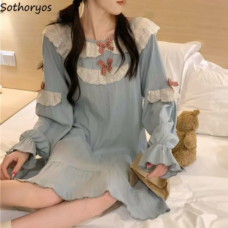 Kawaii Bow Nightgowns Women Korean Fashion Schoolgirls Long Sleeve Sleepwear Leisure Comfortable Mid-calf Home Spring Popular