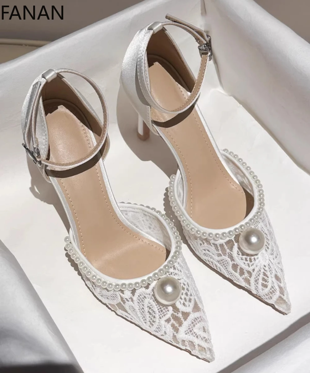 

Lambskin High Heels Sandals with Single Buckle StrapClosed-toe Design Women's Shoes Bridal Mesh Pearl High Heel Lace White Shoes