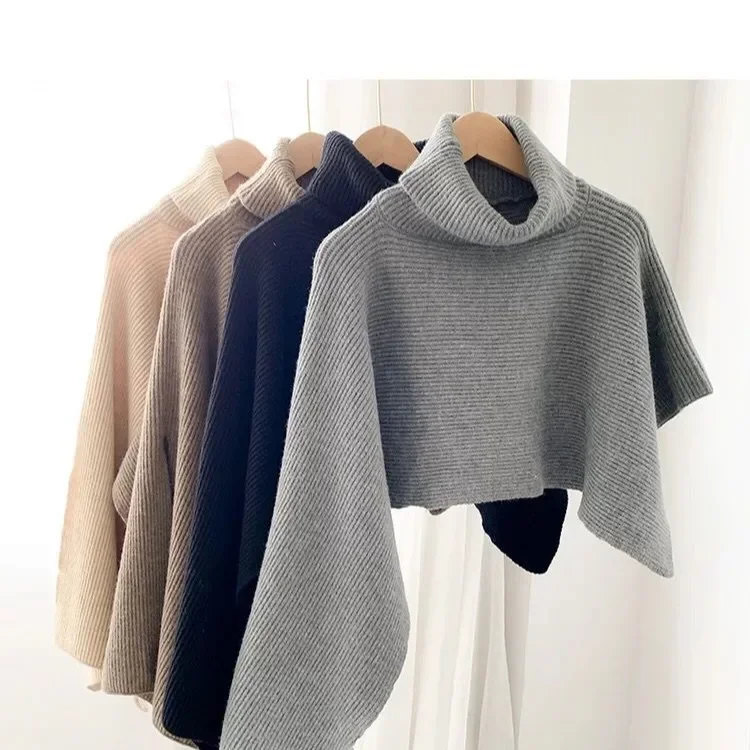 Women Shawl Sweaters Knitted Pullovers Irregularity Jumpers Cloak Turtleneck Elegant Splice Autumn Winter Thick Warm 2024