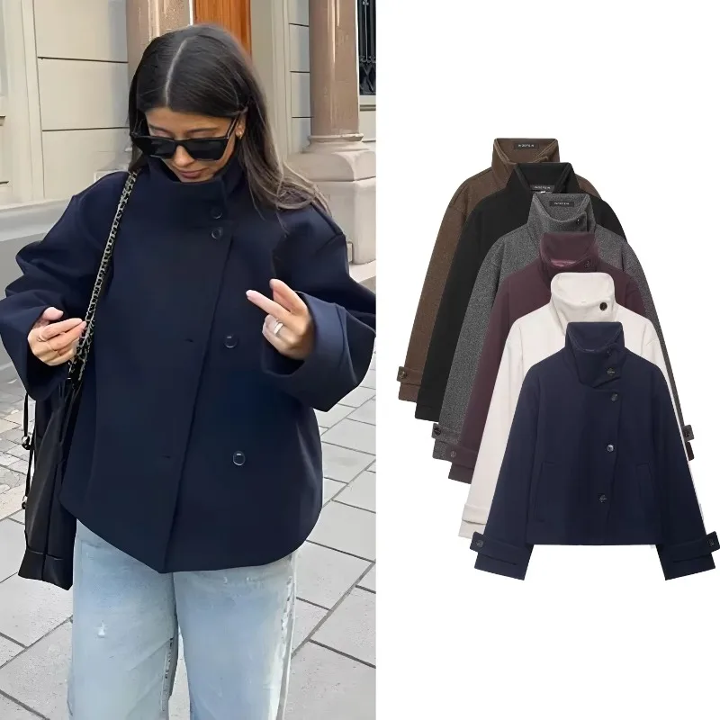 Elara Y2k Style Women's Autumn and Winter Stand Up Collar Thick Jacket, Single Breasted Loose Long Sleeved Versatile Woolen Coat