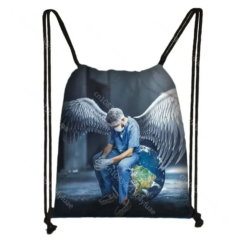 Black Nurse drawstring bag boys girls backpack teenager storage bagsbookbag travel bags Heartbeat Pattern soft back bag