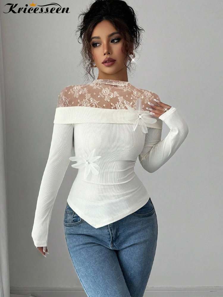 

Kricesseen сексуальный белый топ с длинными рукавами и подставкой, элегантная кружевная футболка с цветочным принтом, блузка с 3D цветочным декором
