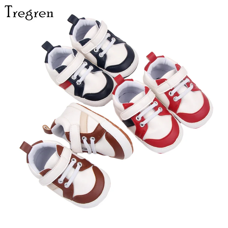 

Tregren 0-18M Infant Baby Boys Sneakers Stripe PU Leather Anti-Slip Soft Sole Prewalker Toddler First Walker Shoes