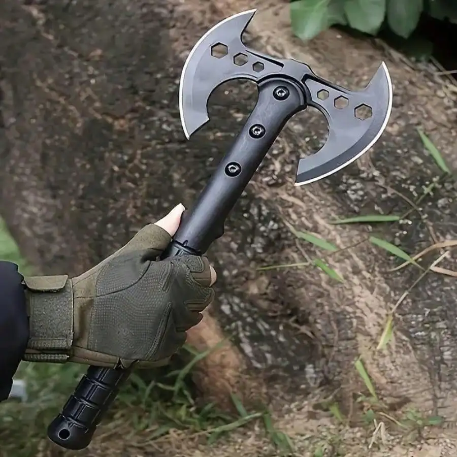 Hand Forged 16 Inch Bushcraft Axe Portable Survival Hatchet with Wood Handle Sheath Gloves Tool Card for Chopping Wood Black