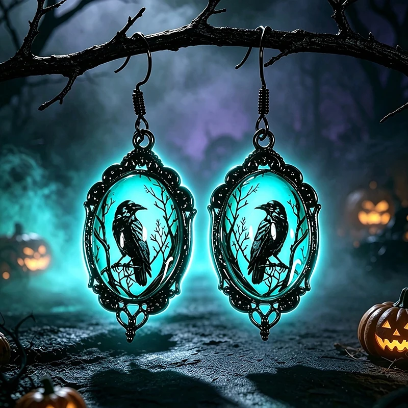 Gotische leuchtende Fledermaus-Krähen-Glas-Ohrhänger, Vintage-Schmuck aus schwarzem Metall für Damen, Halloween-Party-Accessoire – Detail 2