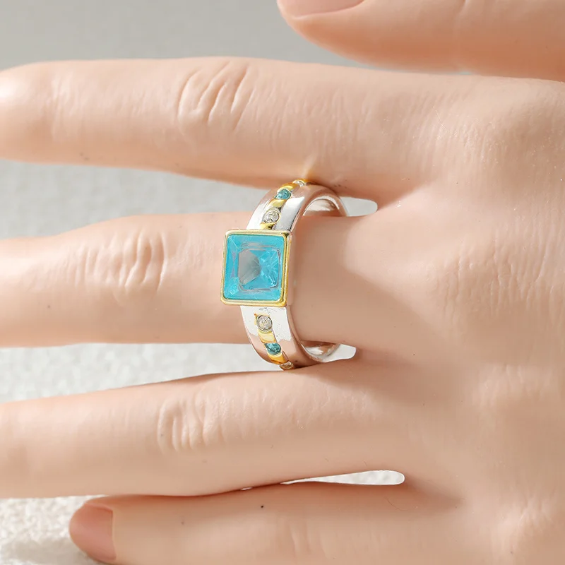 Refreshing Sea Blue Women's Ring Inlay Synthetic Zircon Daily Gentle Date Ring Seaside Travel Atmosphere Accessory Jewelry