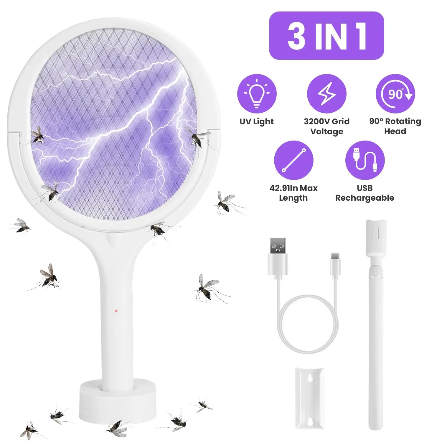 

3-in-1 Electric Mosquito Zapper Racket with 90° Rotating Design, Telescopic Wand for Indoor & Outdoor Use