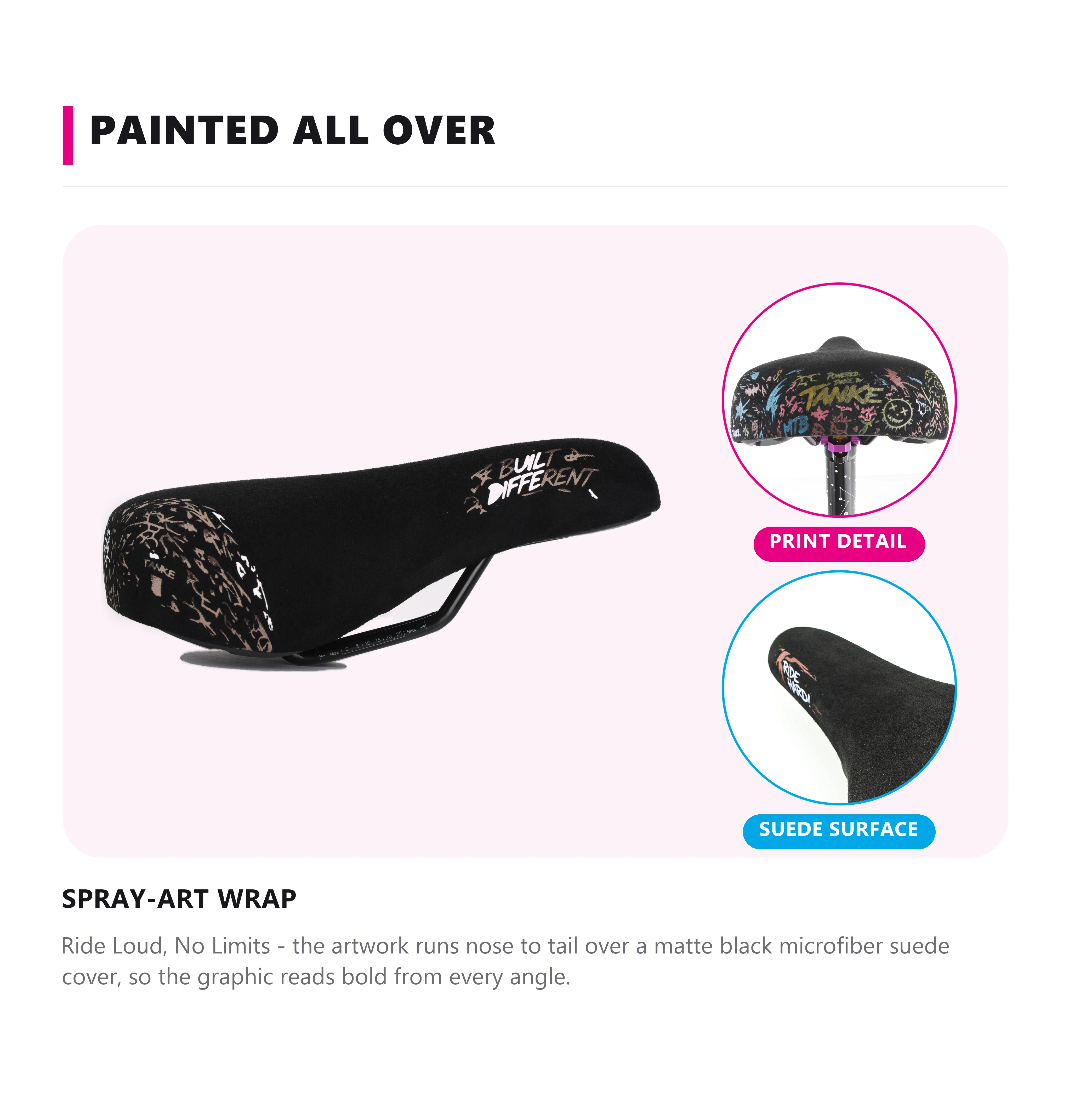TANKE Graffiti BMX MTB Saddle Microfiber Suede Cover Contoured Non-Slip Spray Art Bike Seat Wheelie Stunt Big Saddle for Fixed