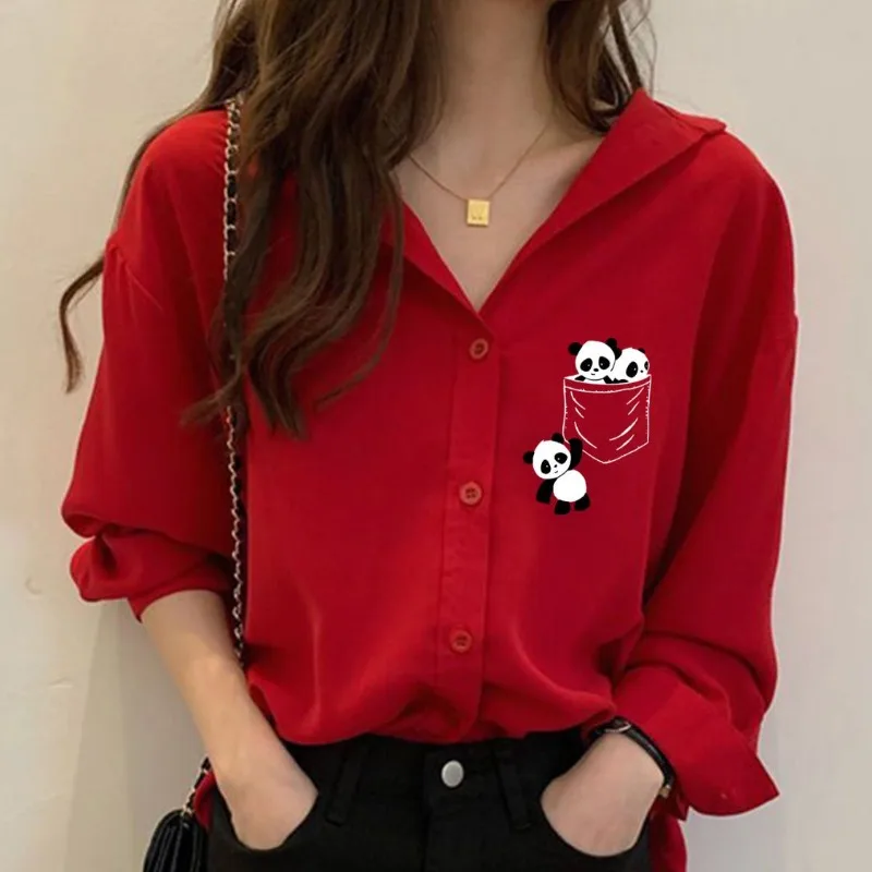 Harbor Wind Retro Spring Summer New Shirts Women Cartoon Printed Polo Neck Loose Solid Button Long Sleeve Casual Chiffon Blouses