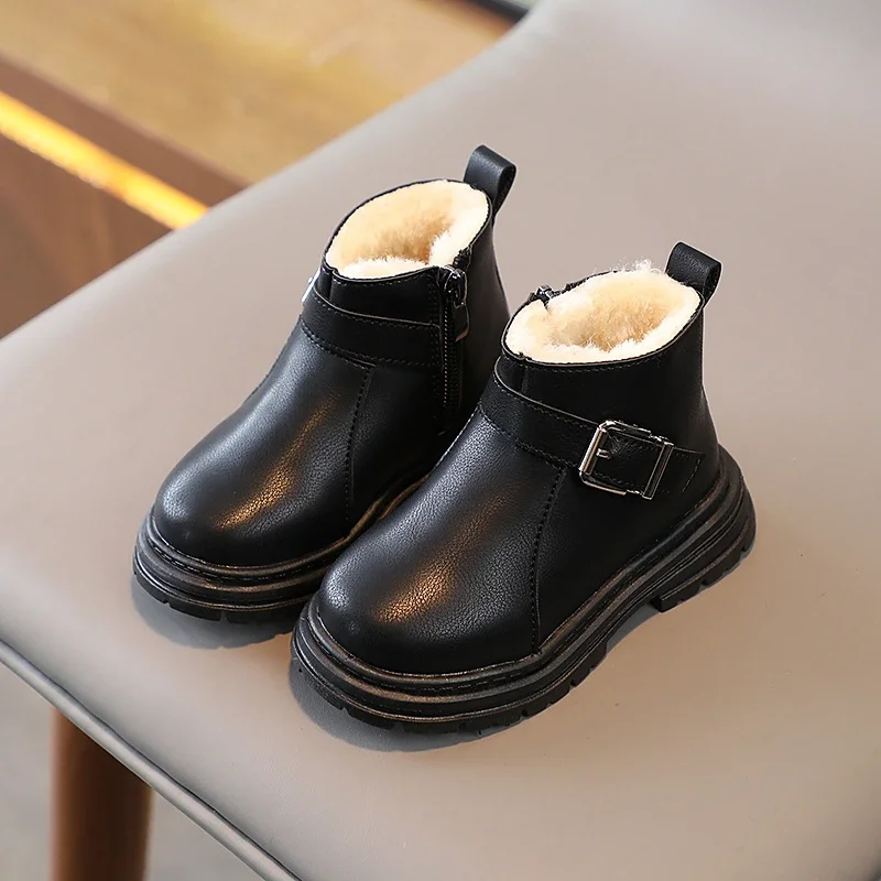 Botas de invierno con hebilla para niños pequeños, zapatos de plataforma esponjosa, Color sólido, cálido, negro, Beige, mate, 21-30