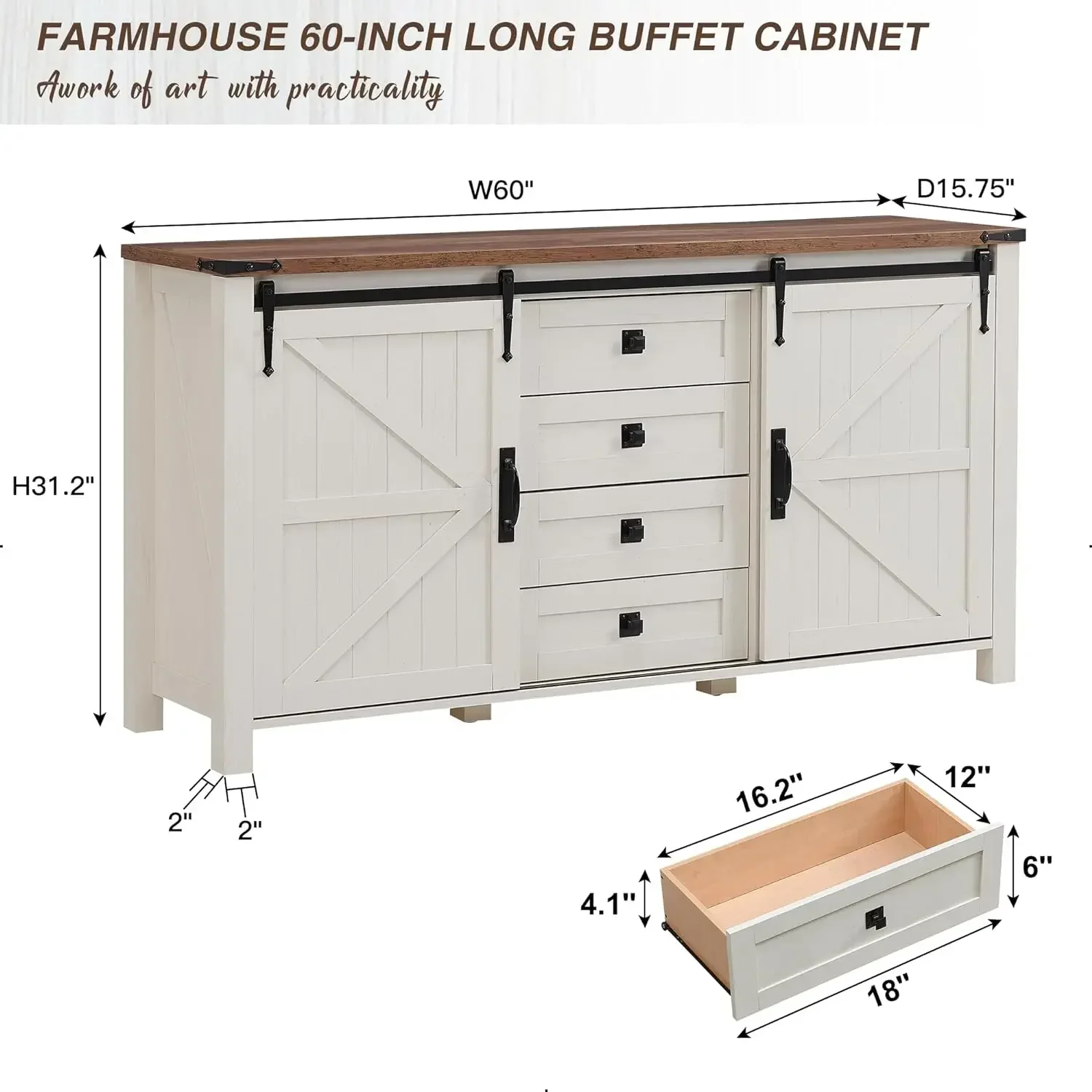 Farmhouse Sideboard Buffet Cabinet with Storage, Grande armário de cozinha, portas de celeiro deslizantes, 4 gavetas, 31,2 em madeira alta, 60 in