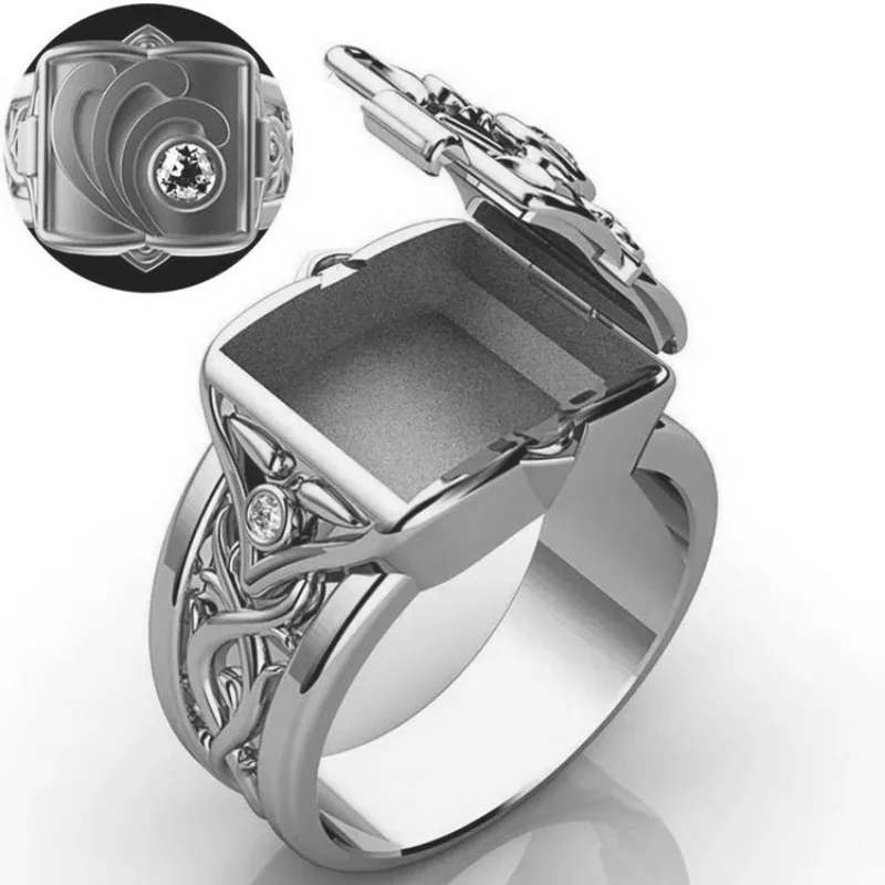 Unique Creative Style Domineering Arabesque Flip-top Locket Ring Secret Small Room Lid Ring for Men Women Party Jewelry