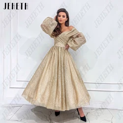 JEHETH Champagne Puff Sleeves Prom Gowns Glitter Off Shoulder V-Neck Evening Dresses Shiny Tulle A-Line vestidos de graduación