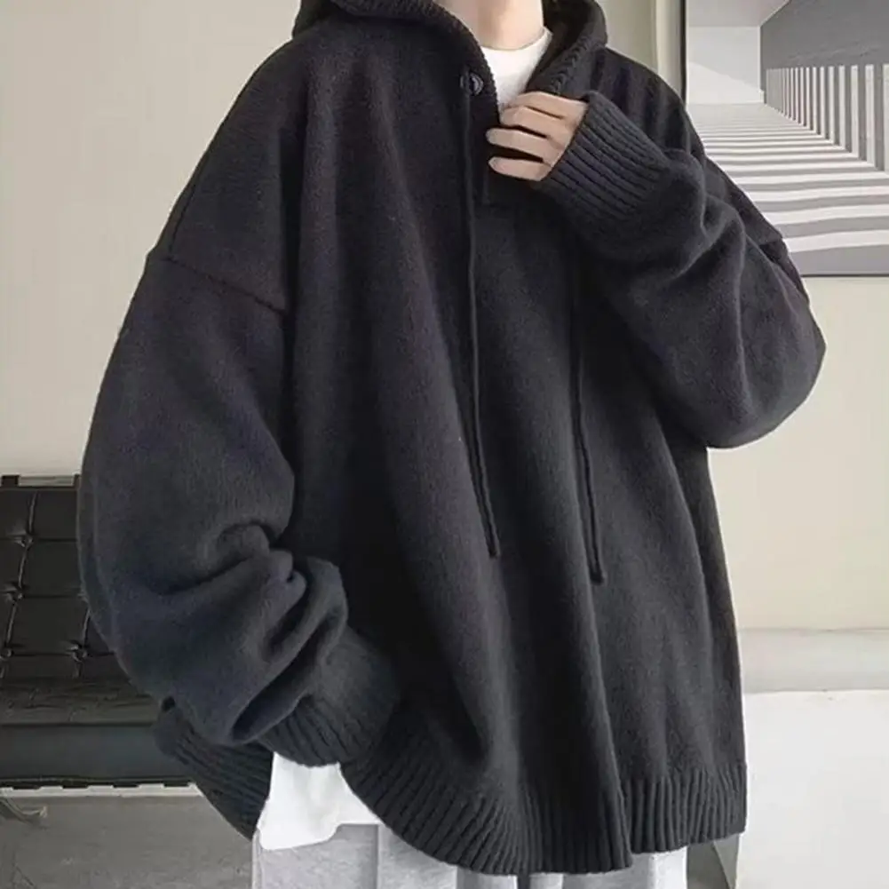 Men Loose Fit Sweater Men's Hooded Sweater Soft High Elastic Outerwear for Autumn Winter Loose Fit Pullover in Solid for Comfort