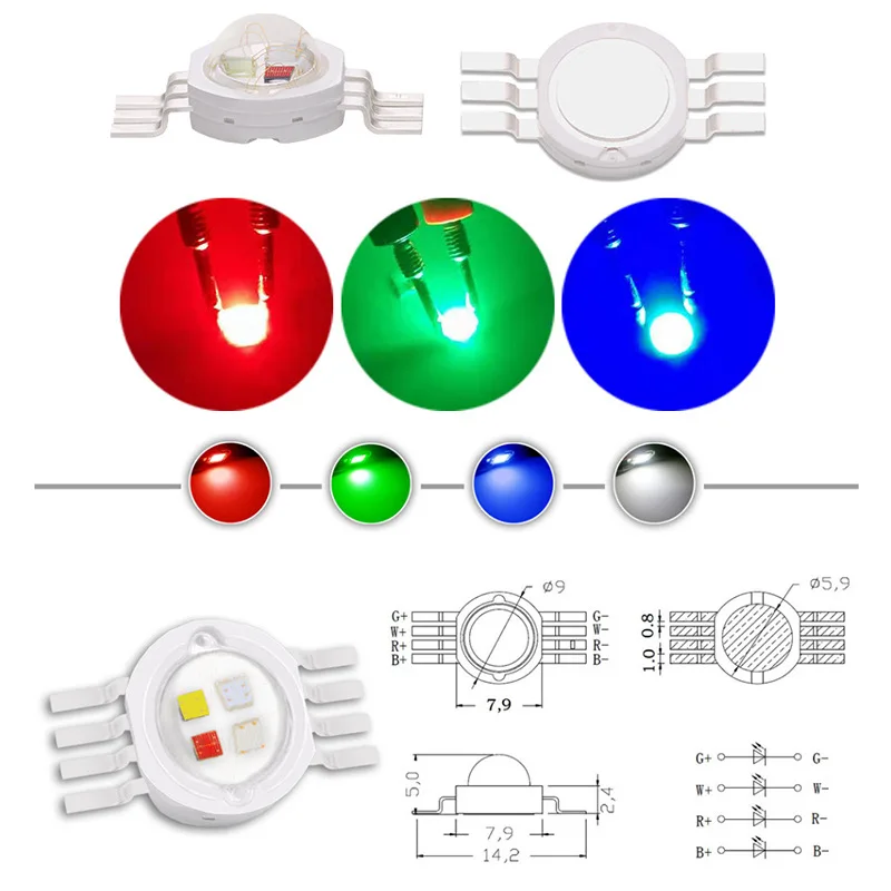 LED 고출력 LED 비즈 칩, RGB 3W 9W, 레드 그린 블루 투광 조명 램프 모듈, 무대 램프 전구 부품, 10 개