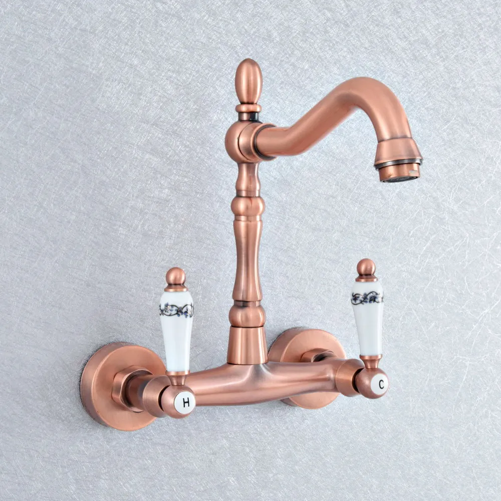 

Antique Red Copper Swivel Spout Kitchen Sink Faucet Wall Mounted Bathroom Basin Cold Hot Water Taps Dsf876