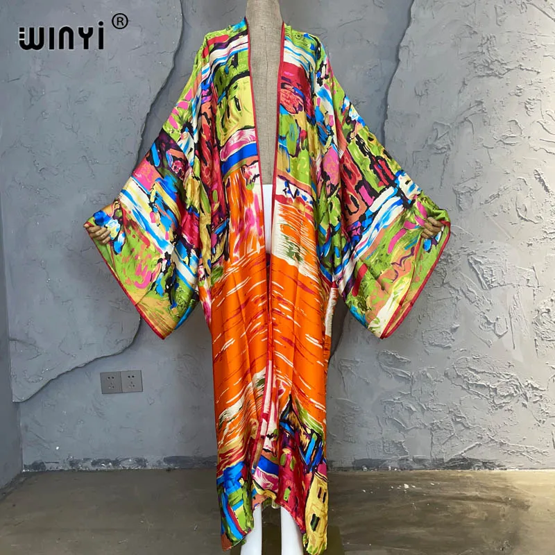 WINYI 2023 new summer Women Graffiti printing Long Sleeve Cardigan Female Loose beach Cover Up boho dress Streetwear kimono