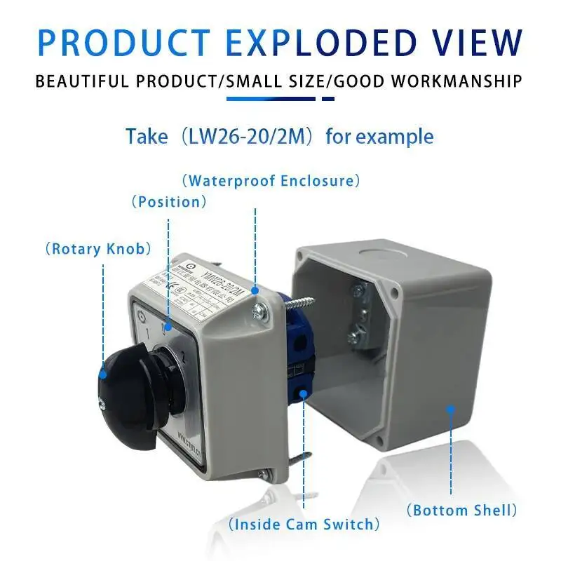 LW26-25/2M Omschakeling Cam 3 Positie Rotary Switch 25A 2 Polen Met Waterdichte Behuizing Doos Elektrische Motor Omkeren