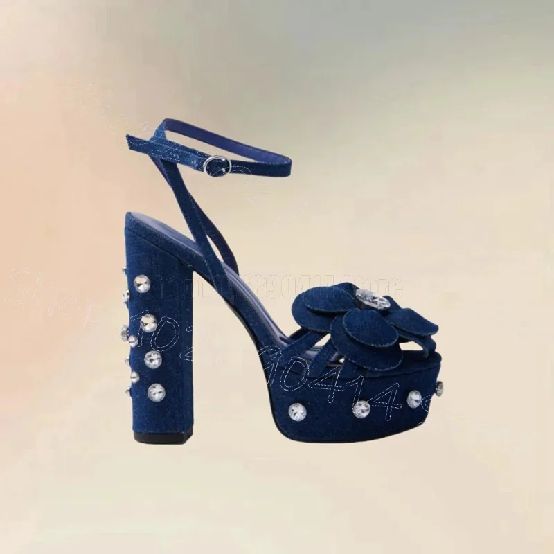 

Blue Denim Flower Crystal Decor Platform Sandals Buckle Strap Women Shoes Open Toe Party Banquet Dating 2025 Zapatos Para Mujere