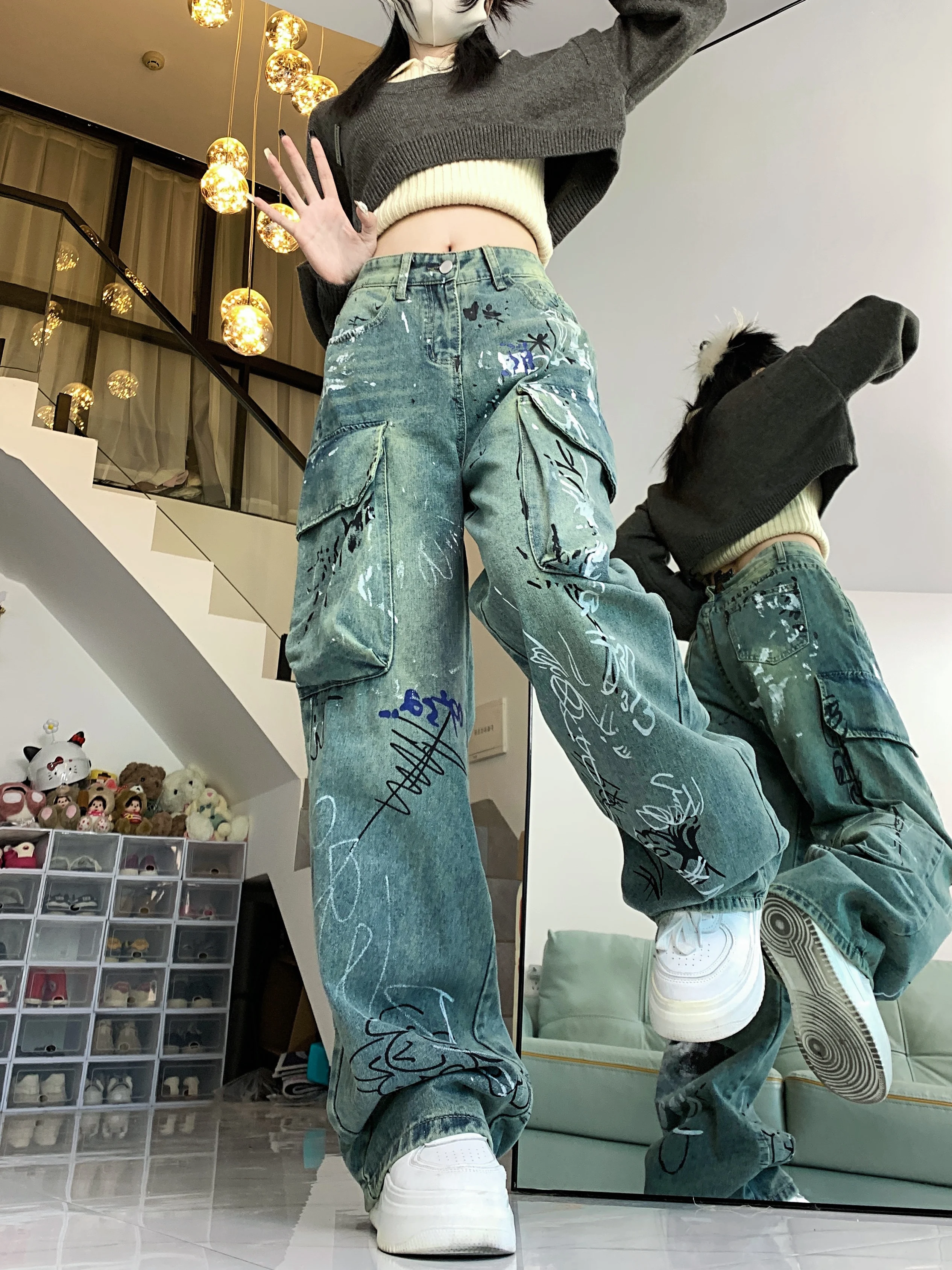 Calça cargosa estilo harajuku com estampa grafite feminina, jeans de personalidade de rua alta, nova moda, verão, 2024