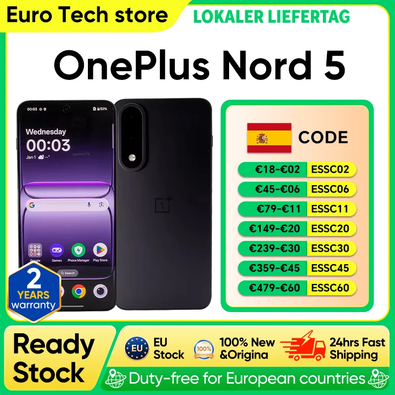 OnePlus Nord 5 Smartphone 5G Snapdragon 8s Gen 3 Pantalla AMOLED de 6,83” 144 Hz 5200mAh 80W SUPERVOOC Carga 50MP Cámaras duales