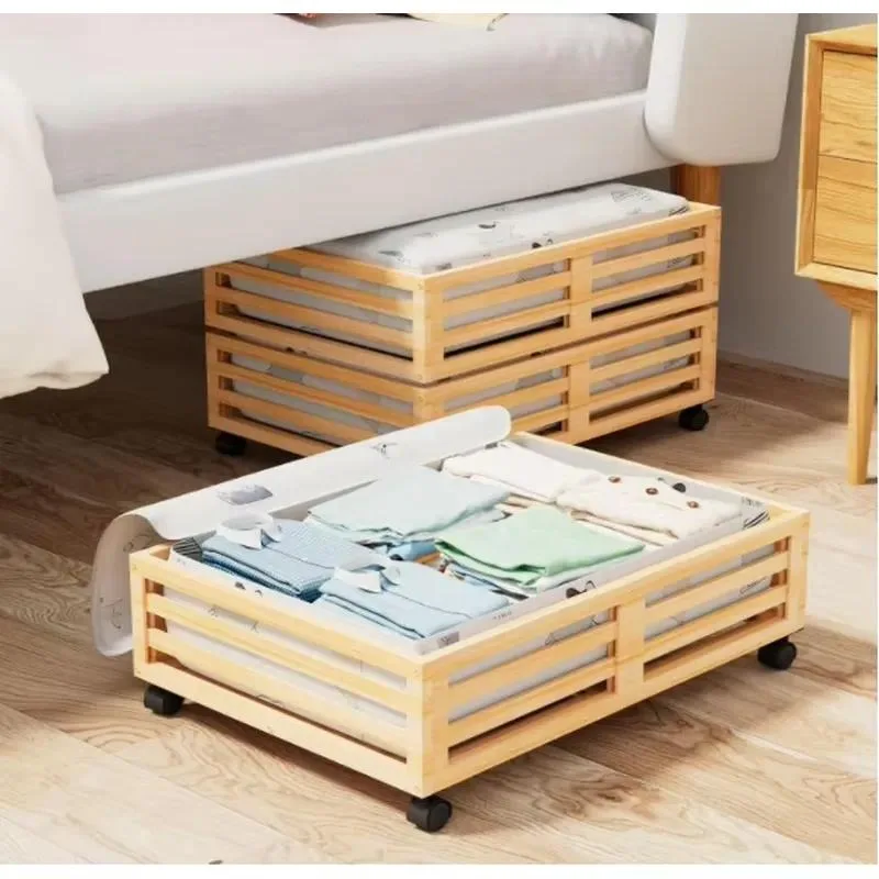 Bamboo Under Bed Storage Box Large Capacity Wooden Container with Wheels for Bedroom Organization