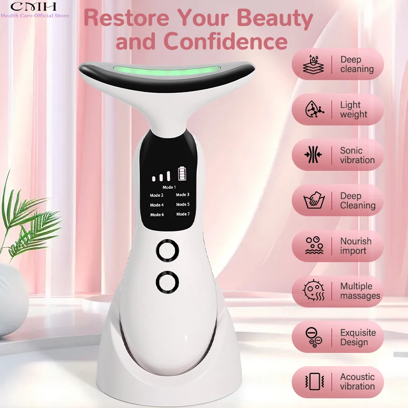 

Устройство для ухода за лицом и шеей с 3 режимами, 7-цветной LED-подсветкой, горячим и холодным массажем для подтяжки шеи, против морщин, лимфодренажное, перезаряжаемое