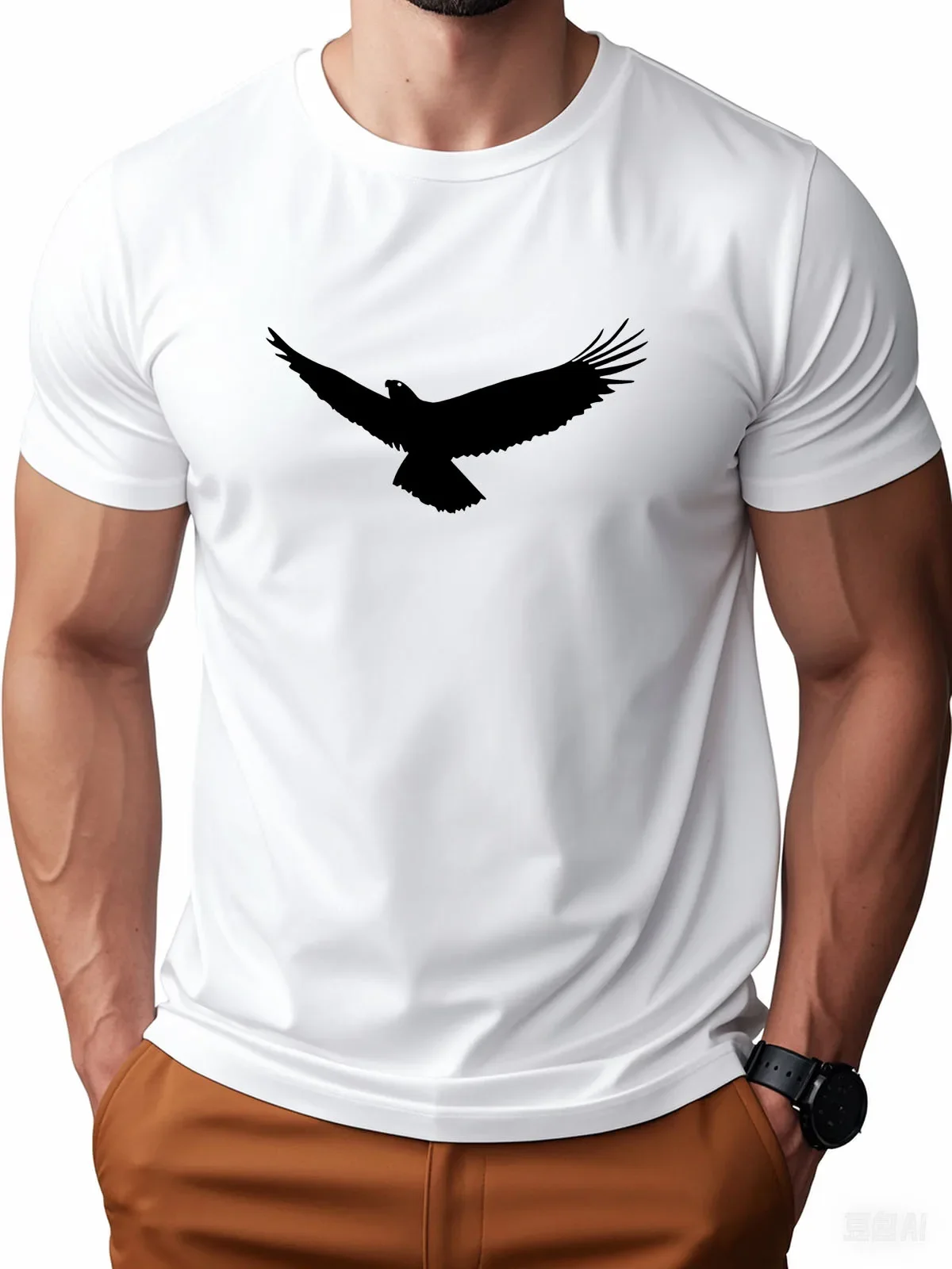 

Men'S 100% Cotton Casual Sports Loose Oversized Eagle Print Round Neck Short Sleeved T-Shirt Top