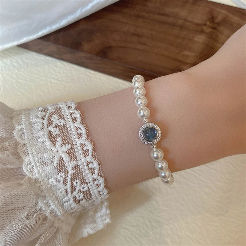 Elegant Aquamarine Gemstone Zircon Pearl Bracelets for Women Round Silver Color Rhinestone Pearl Bracelets Wedding Jewelry Gift