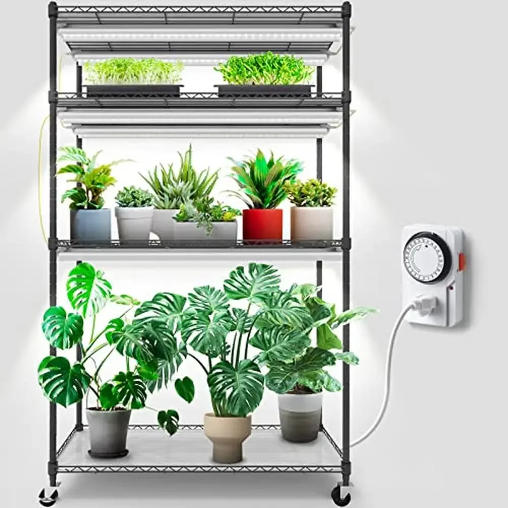 4-Tier Plant Shelf with 6-Pack Full Spectrum LED Grow Lights Indoor Plants Seed Starting Timer Socket Easy Install Waterproof