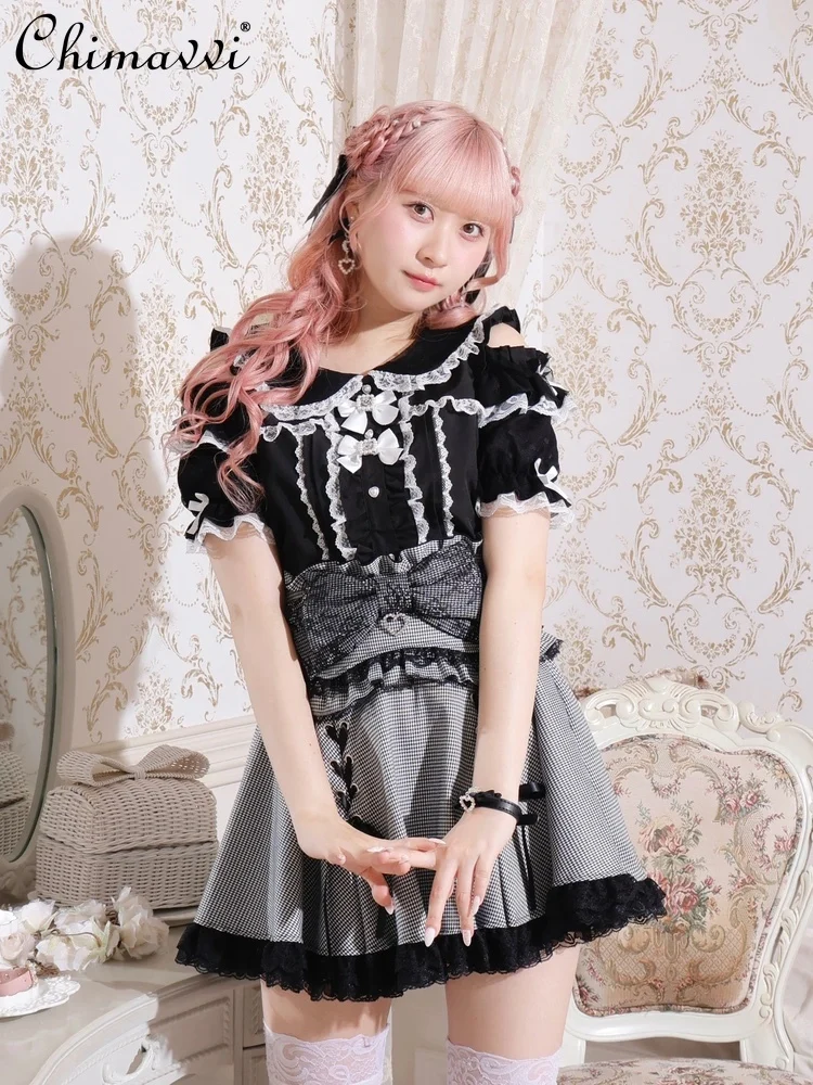 النمط الياباني الإنتاج الضخم الدانتيل المرقعة خارج الكتف دمية طوق قصيرة الأكمام قميص فتاة حلوة لطيف القوس لوليتا بلوزة
