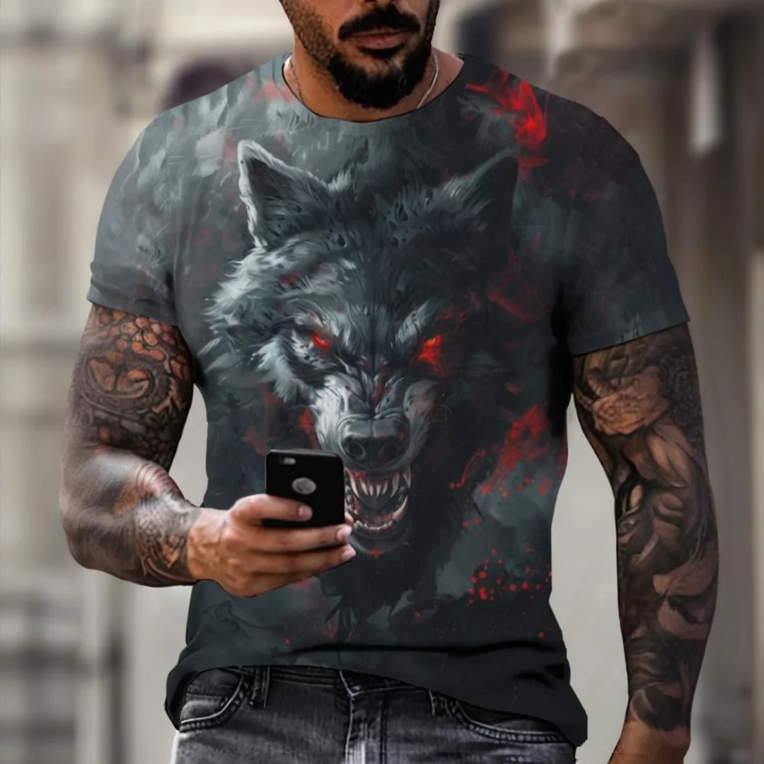 Men's T-shirt Outdoor Breathable Round Neck Top Summer  Short Sleeve Wolf Printed 3D Pattern Large OverSize Loose Men's Clothing